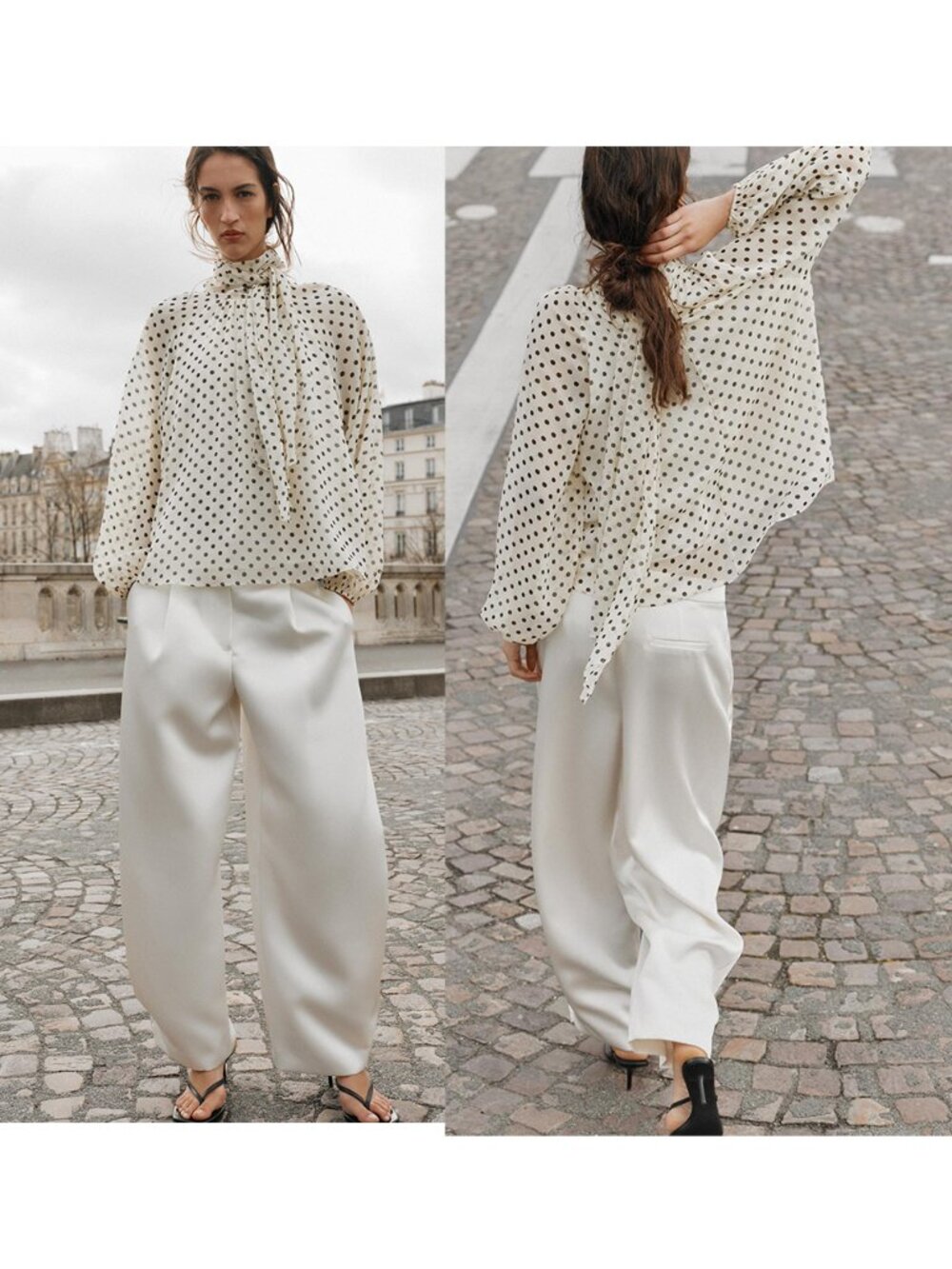 Zara Cream Polka Dot High-Neck Blouse